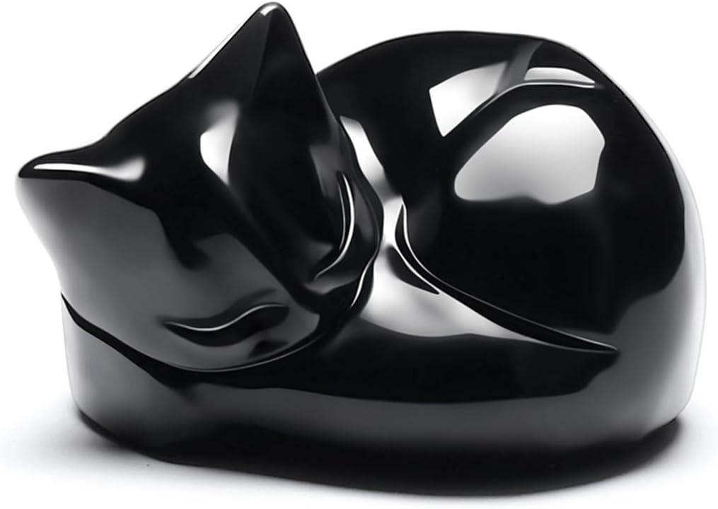 Jovivi Polished Black Obsidian Sleeping Cat Figurine 16 Inch Handmade Crystal Kitten Statue