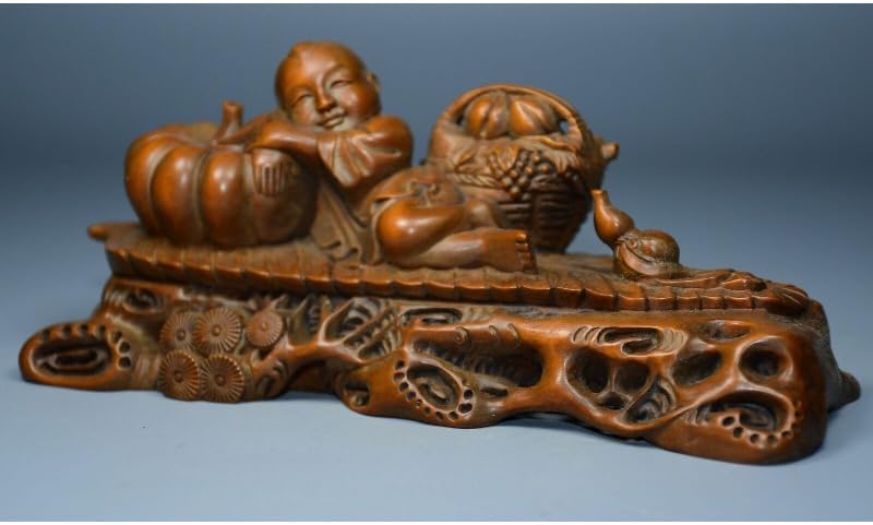 Handcrafted Boxwood Pumpkin Bottle Gourd Child Statue 1