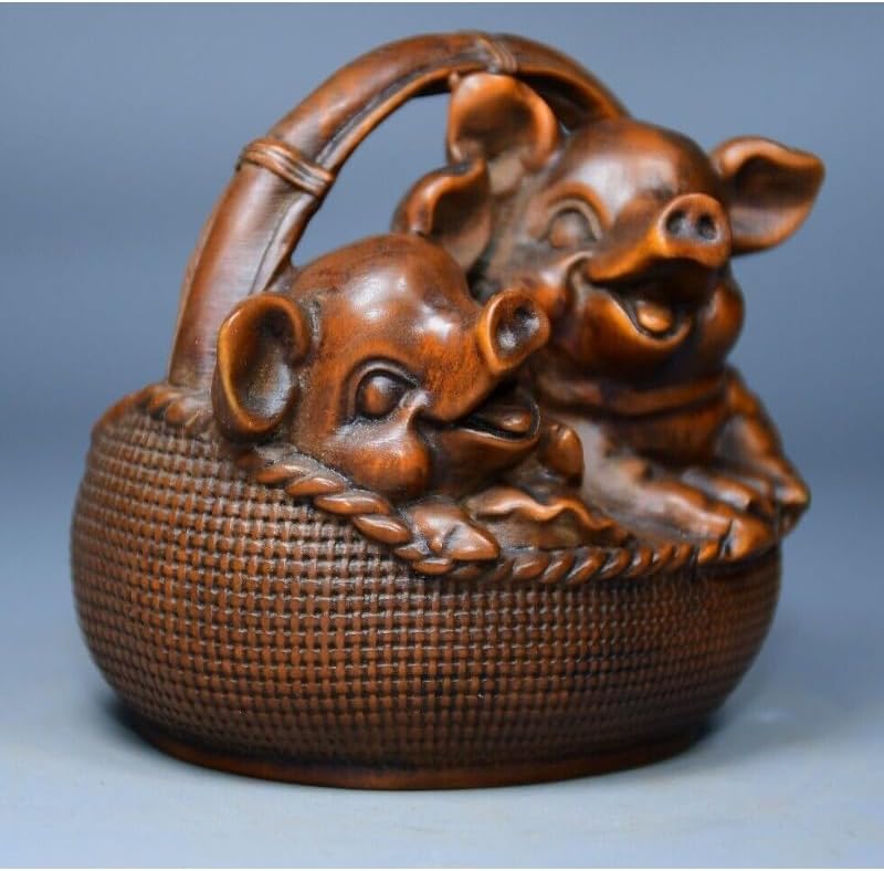 LimpaC Collection Boxwood Two Pig Statues Handmade Meditating Sculpture Figurine