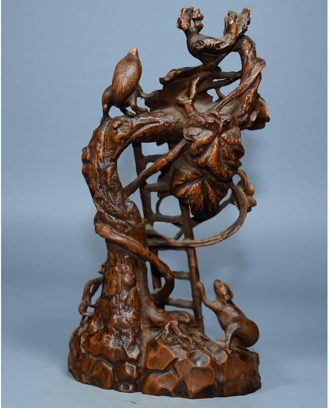 Handcrafted Boxwood Squirrel Ladder Grape Statue
