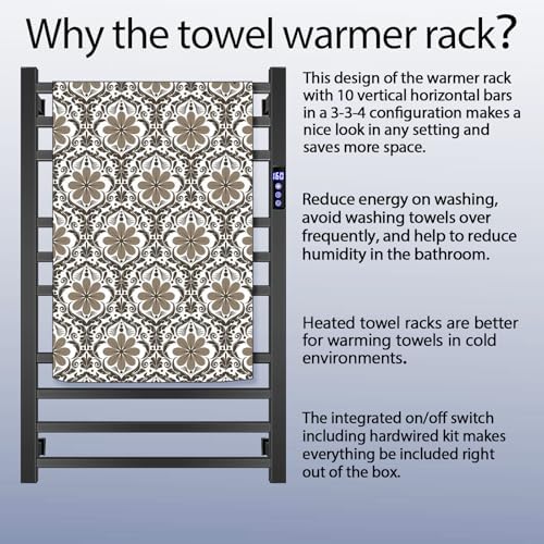 XBVV Matte Black 10-Bar Towel Warmer Rack with Timer and F Display