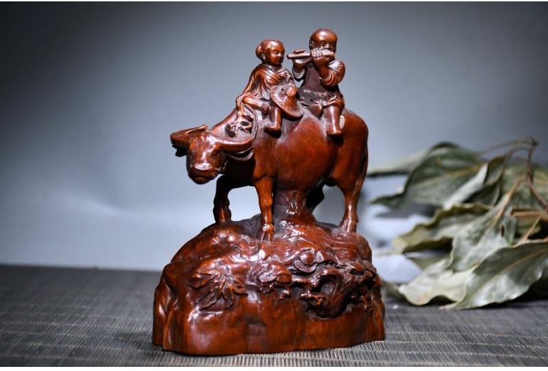 LimpaC Handcrafted Boxwood Child Riding Ox Statue