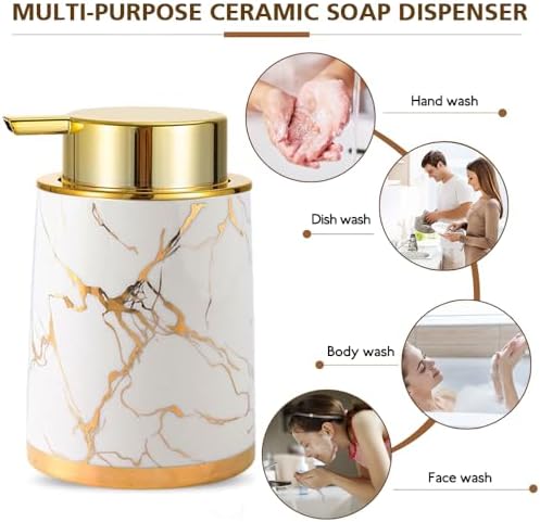 Ceramic Foaming Soap Dispenser with Gold Pump 135Oz White Marble Design