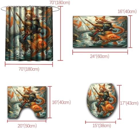 CDIWIDH Funny Cat Riding Fish Shower Curtain Set 4 Pcs 1