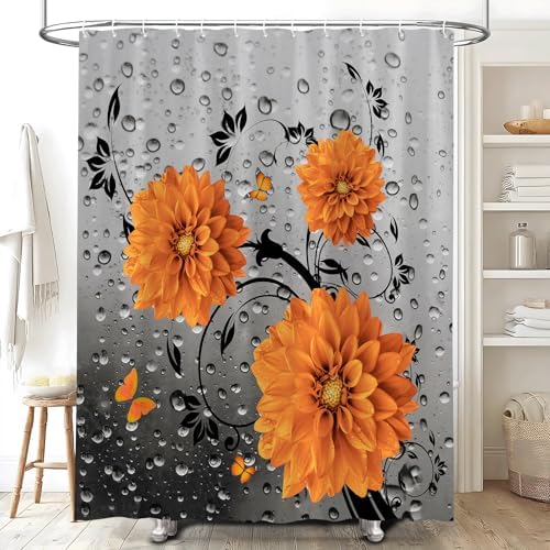 Grey Raindrop Floral Shower Curtain Set with Hooks 70x70 Inch