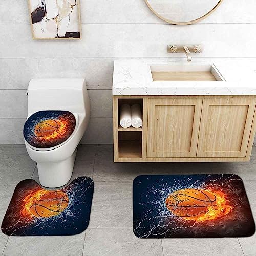 OLEBETY 4PCS Flaming Basketball Shower Curtain Set