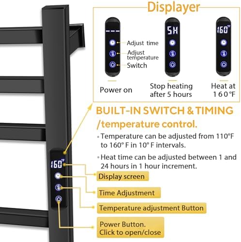 XBVV Matte Black 10-Bar Towel Warmer Rack with Timer and F Display