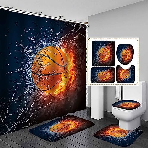OLEBETY 4PCS Flaming Basketball Shower Curtain Set