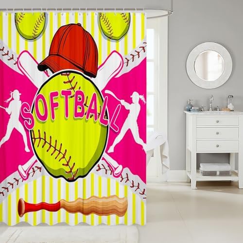 Erosebridal Softball Shower Curtain Set 72x84 Hot Pink Yellow Striped