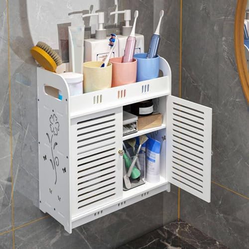 Bathroom Wall Cabinet with Multi-Grid Tiers and Hollow Flower Design