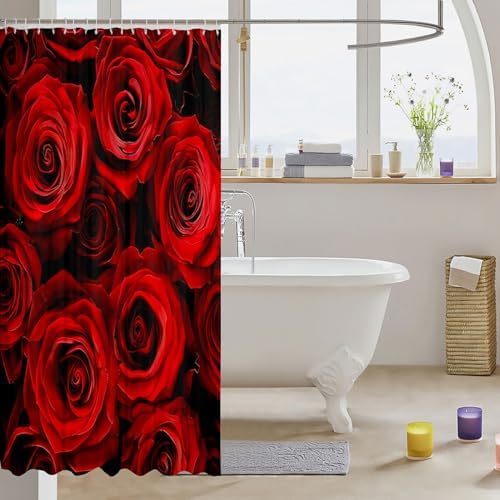 Red Rose Ombre Black Floral Shower Curtain Set 72x78