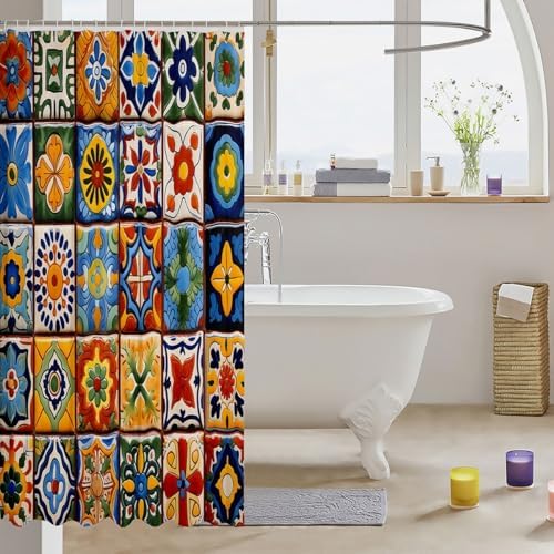 Erosebridal Mexican Talavera Tile Shower Curtain Set