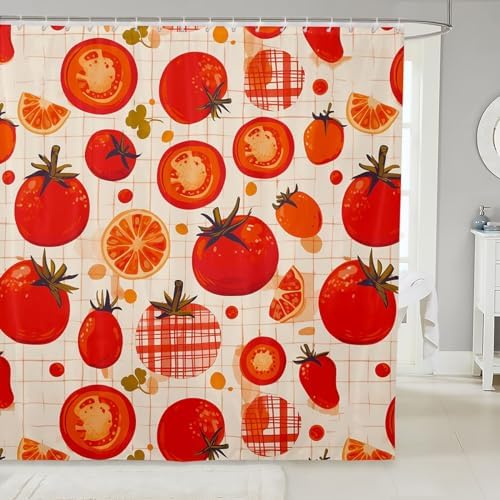 Erosebridal Waterproof Cartoon Tomato Shower Curtain 72x78 Red White Plaid