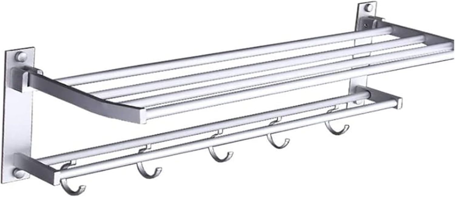 ALDEPO 40cm Aluminum Towel Rack with 5 Hooks and Double Shelf