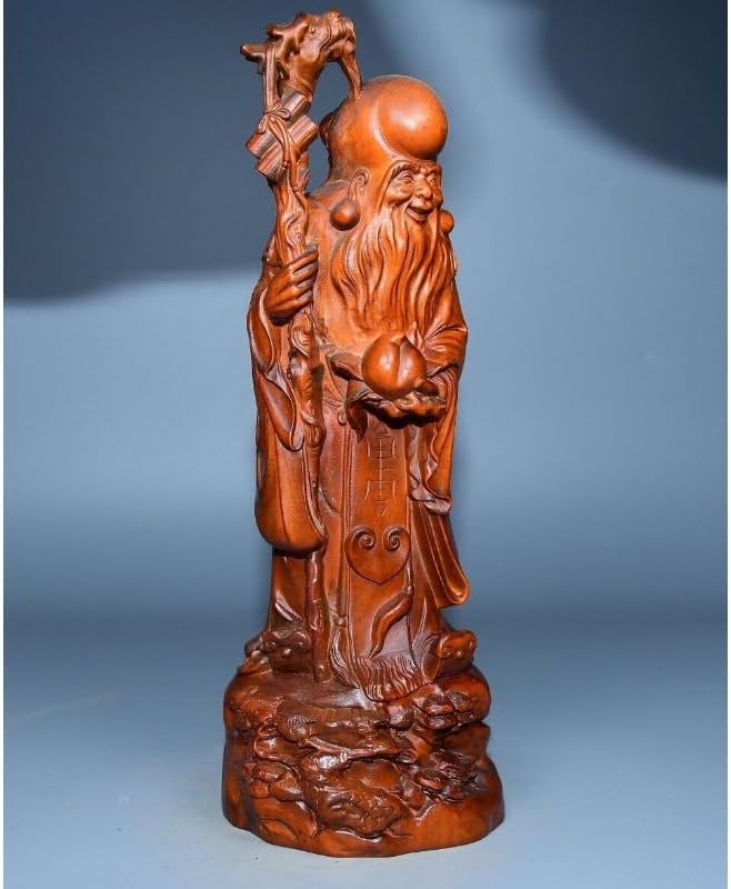 Boxwood Longevity God Peach Stand Handmade Statuette