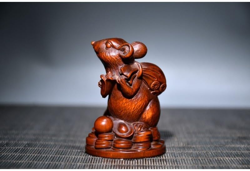 Handcrafted Boxwood Mouse Fengshui Statue Decor