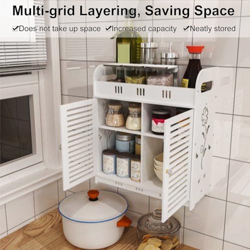 Bathroom Wall Cabinet with Multi-Grid Tiers and Hollow Flower Design