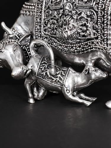 Exotic India Small Superfine Brass Kamdhenu Cow Statue with Lakshmi-Ganesha Carving