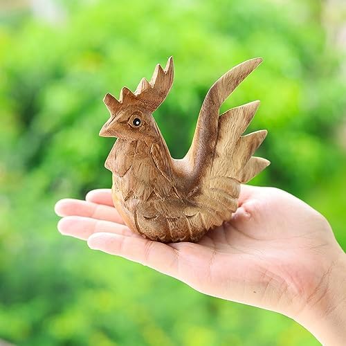Thai Wooden Hand Carved Rooster Statue - Rustic Home Decor Accent