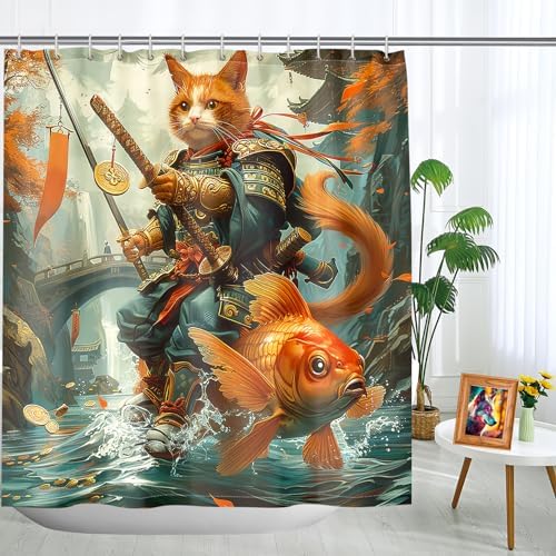 CDIWIDH Funny Cat Riding Fish Shower Curtain Set 4 Pcs 1