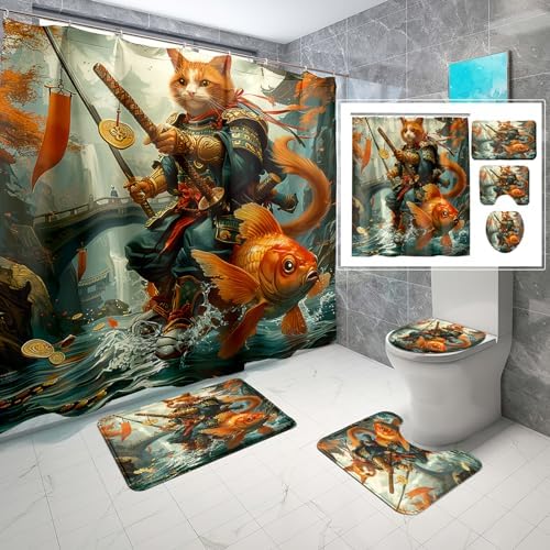 CDIWIDH Funny Cat Riding Fish Shower Curtain Set 4 Pcs 1