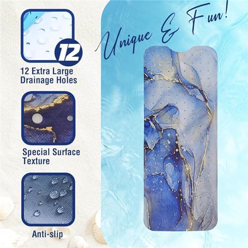 Denifeiya Blue Non Slip Marble Bathtub Mat 40x16