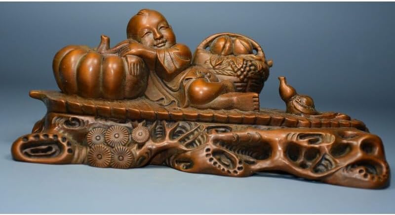 Handcrafted Boxwood Pumpkin Bottle Gourd Child Statue 1