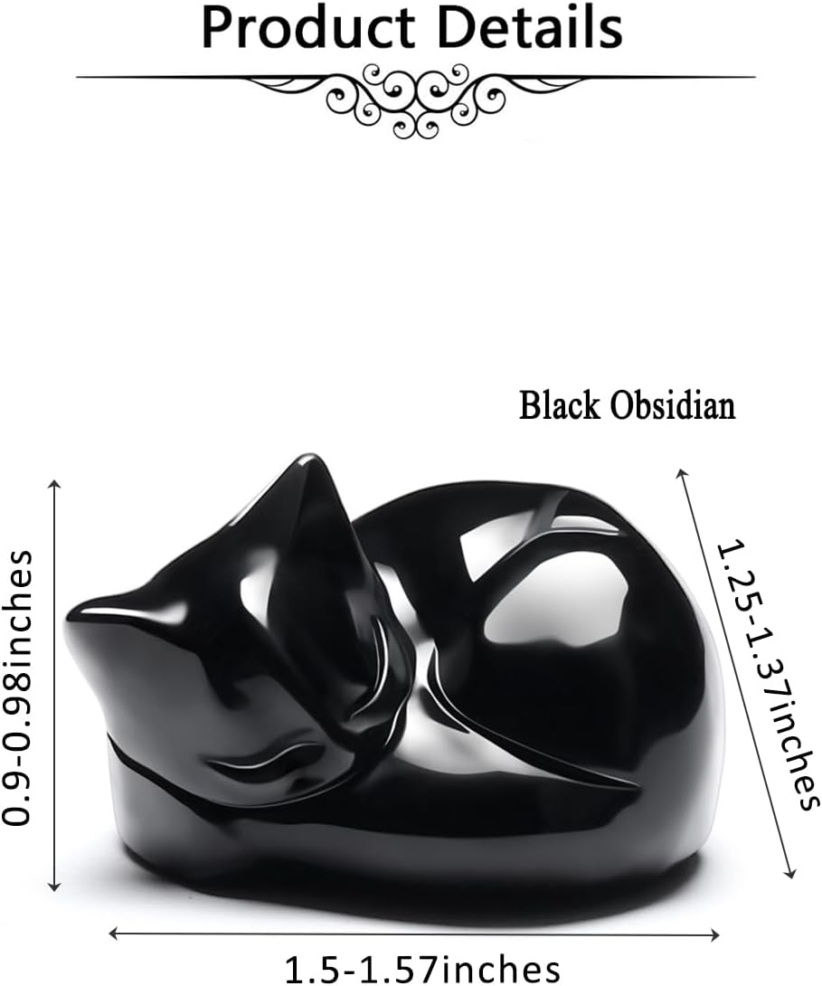 Jovivi Polished Black Obsidian Sleeping Cat Figurine 16 Inch Handmade Crystal Kitten Statue