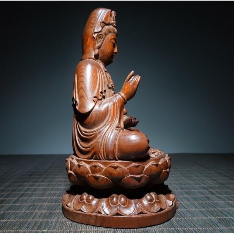 Handcrafted Boxwood Kwan-yin Sitting Lotus Statue