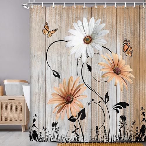 Rustic Farmhouse Floral Shower Curtain Set with Hooks