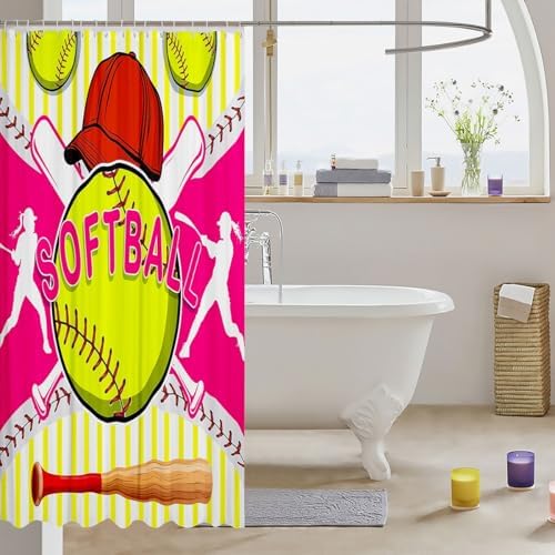 Erosebridal Softball Shower Curtain Set 72x84 Hot Pink Yellow Striped