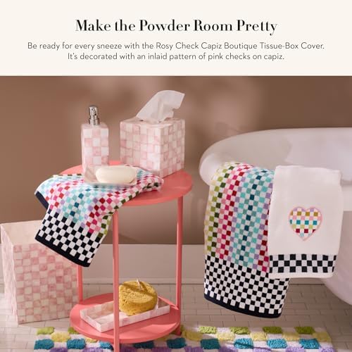 MACKENZIE-CHILDS Square Capiz Tissue Box Cover Rosy Check Pink and White