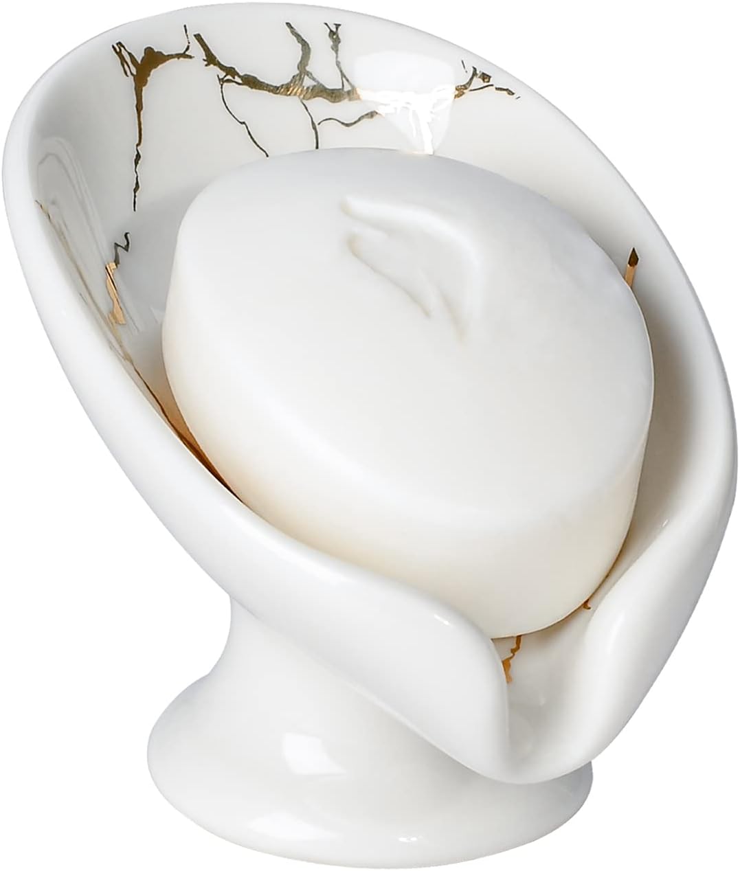 Self Draining Leaf Shape Ceramic Soap Dish with White Gold Marble Pattern