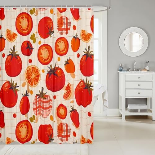 Erosebridal Waterproof Cartoon Tomato Shower Curtain 72x78 Red White Plaid