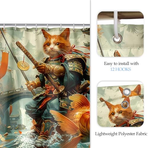 CDIWIDH Funny Cat Riding Fish Shower Curtain Set 4 Pcs 1