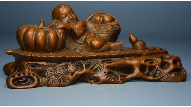 Handcrafted Boxwood Pumpkin Bottle Gourd Child Statue 1