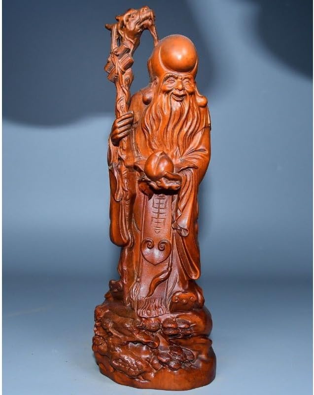 Boxwood Longevity God Peach Stand Handmade Statuette