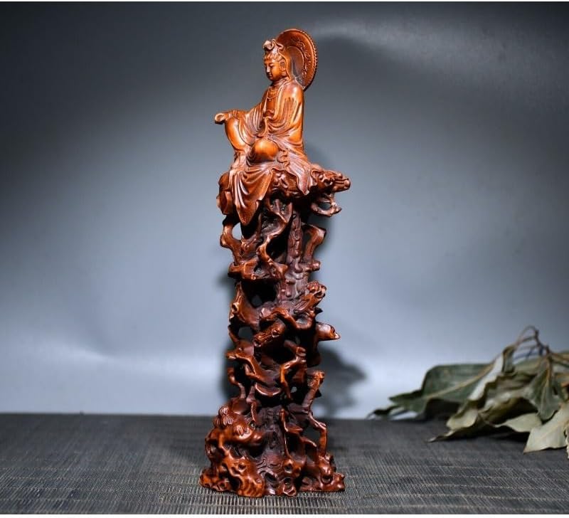 Handcrafted Boxwood Guanyin Sitting Pine Statue