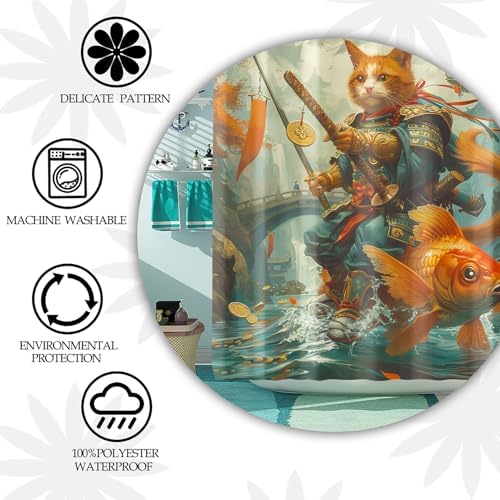 CDIWIDH Funny Cat Riding Fish Shower Curtain Set 4 Pcs 1