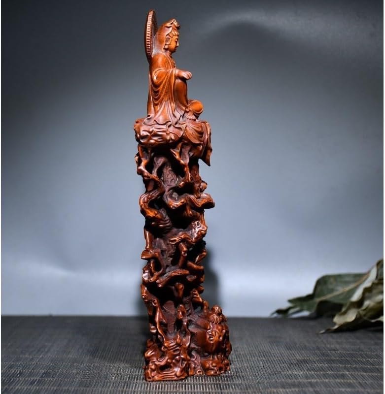 Handcrafted Boxwood Guanyin Sitting Pine Statue