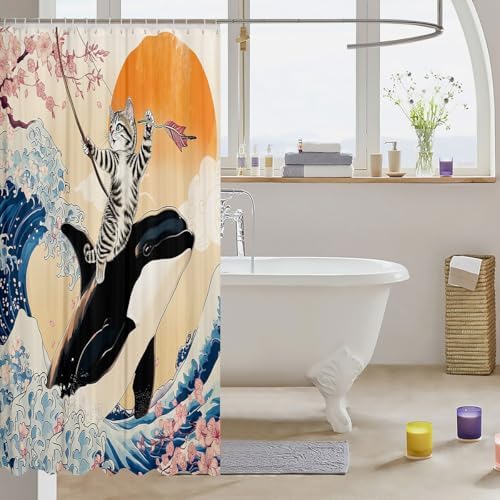 Funny Cat Shower Curtain with Cherry Blossoms Pattern