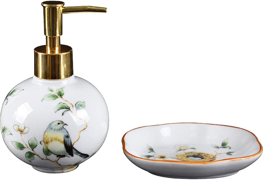 SAFWE Crack Ceramic Hand Soap Dispenser Set with Flower Bird Design