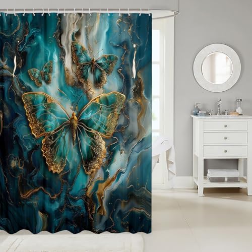 Erosebridal Gold Teal Marble Shower Curtain Set with 15 Hooks