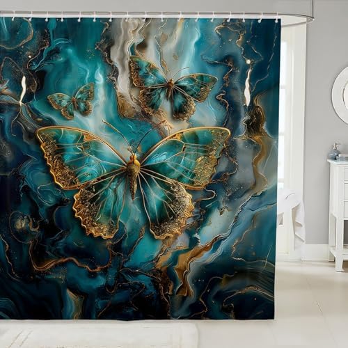 Erosebridal Gold Teal Marble Shower Curtain Set with 15 Hooks