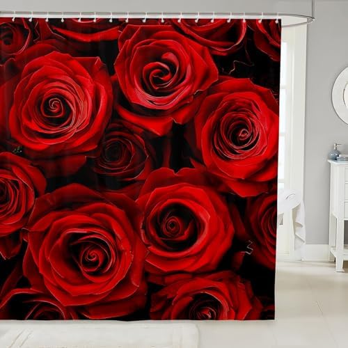 Red Rose Ombre Black Floral Shower Curtain Set 72x78