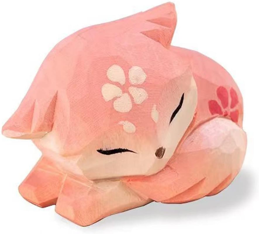 Pink Handmade Wooden Fox Statue Sculpture
