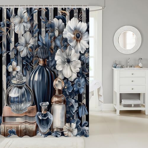 Erosebridal Blue Floral Bath Curtain with Stripe Design