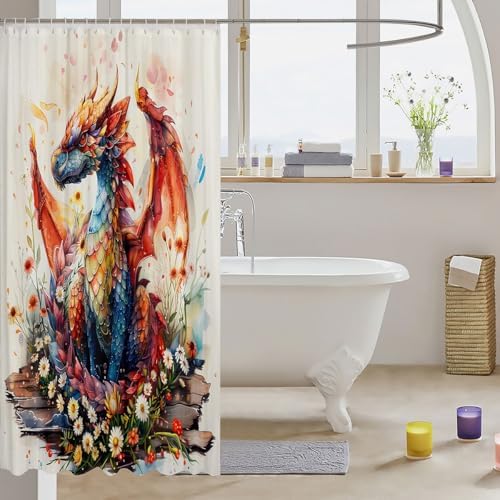 Erosebridal Colorful Flower Dragon Shower Curtain Set
