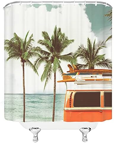 Retro Tropical Palm Tree Surfboard Shower Curtain with Hooks 59x70