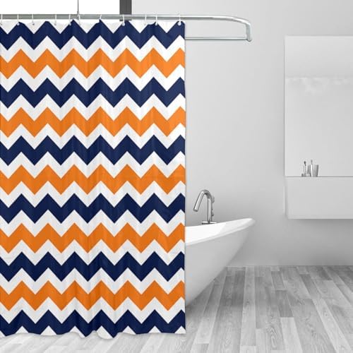 FUNNY KIDS HOME Navy Deep Blue Orange Chevron Shower Curtain Set